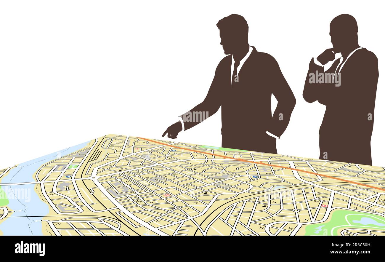Editable vector illustration of two men standing by a generic city map Stock Vector