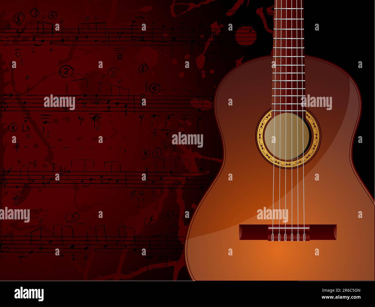 Vector background with acoustic guitar and musical notes. Stock Vector