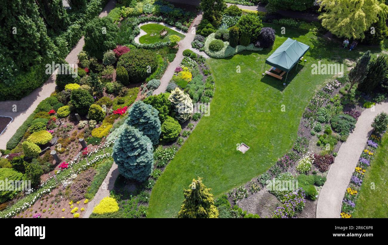 Aerial view of Botanical garden with flower beds and topiary trees