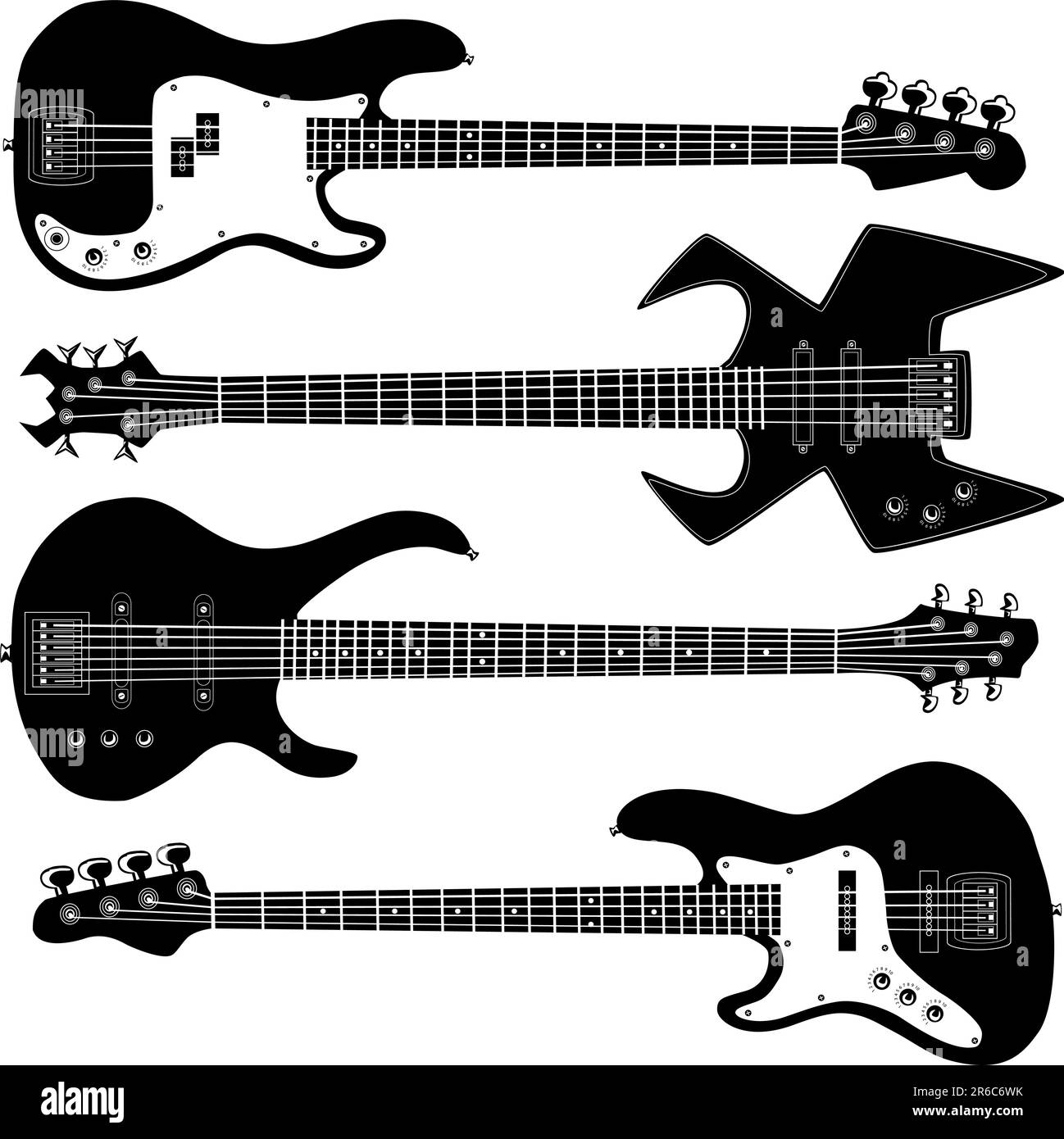 Bass guitars in detailed vector silhouette. Set includes a variety of