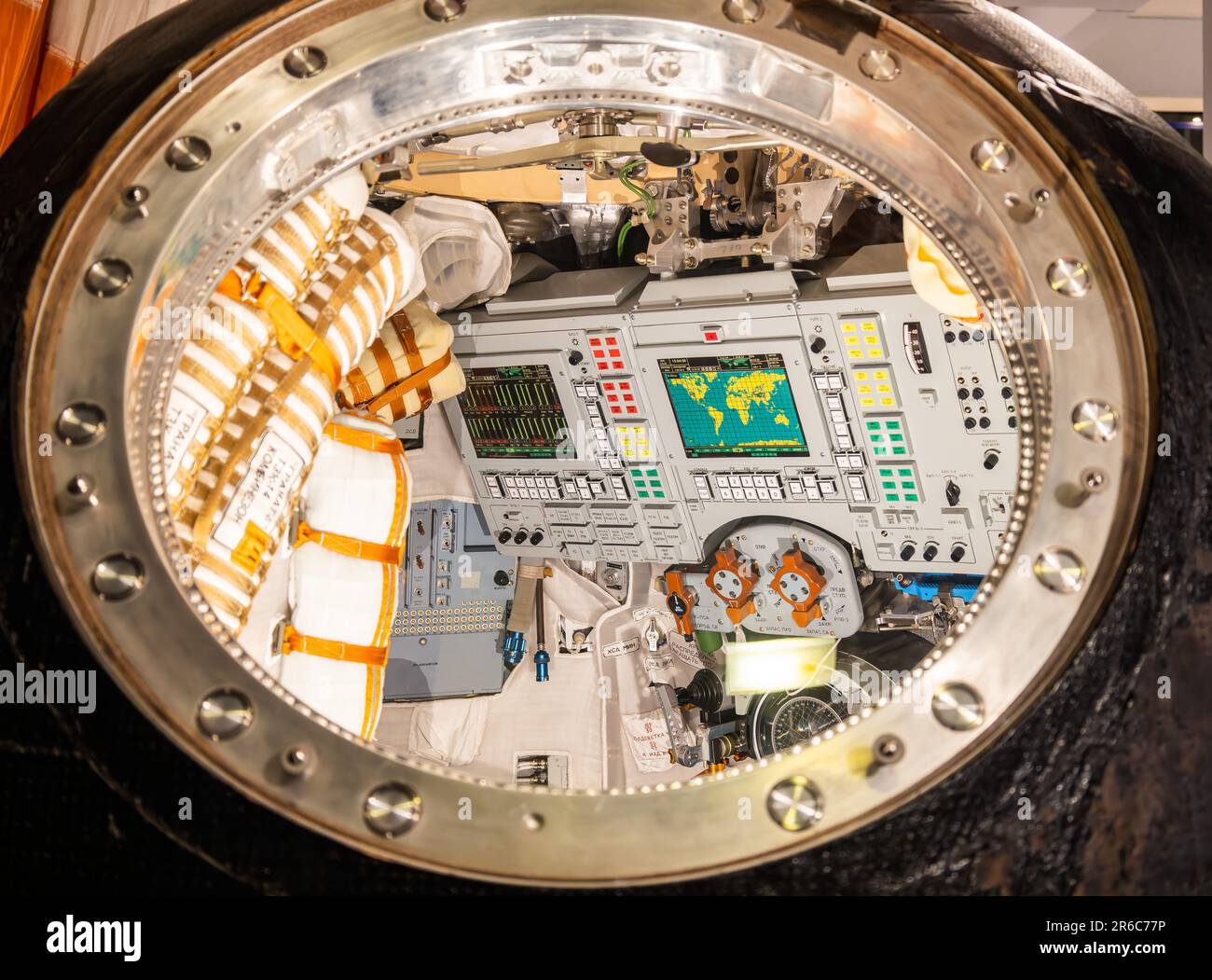 London, UK - May 2023: Interior view of the spacecraft Soyuz TM-14 exhibited inside of the Science Museum of London, United Kingdom Stock Photo