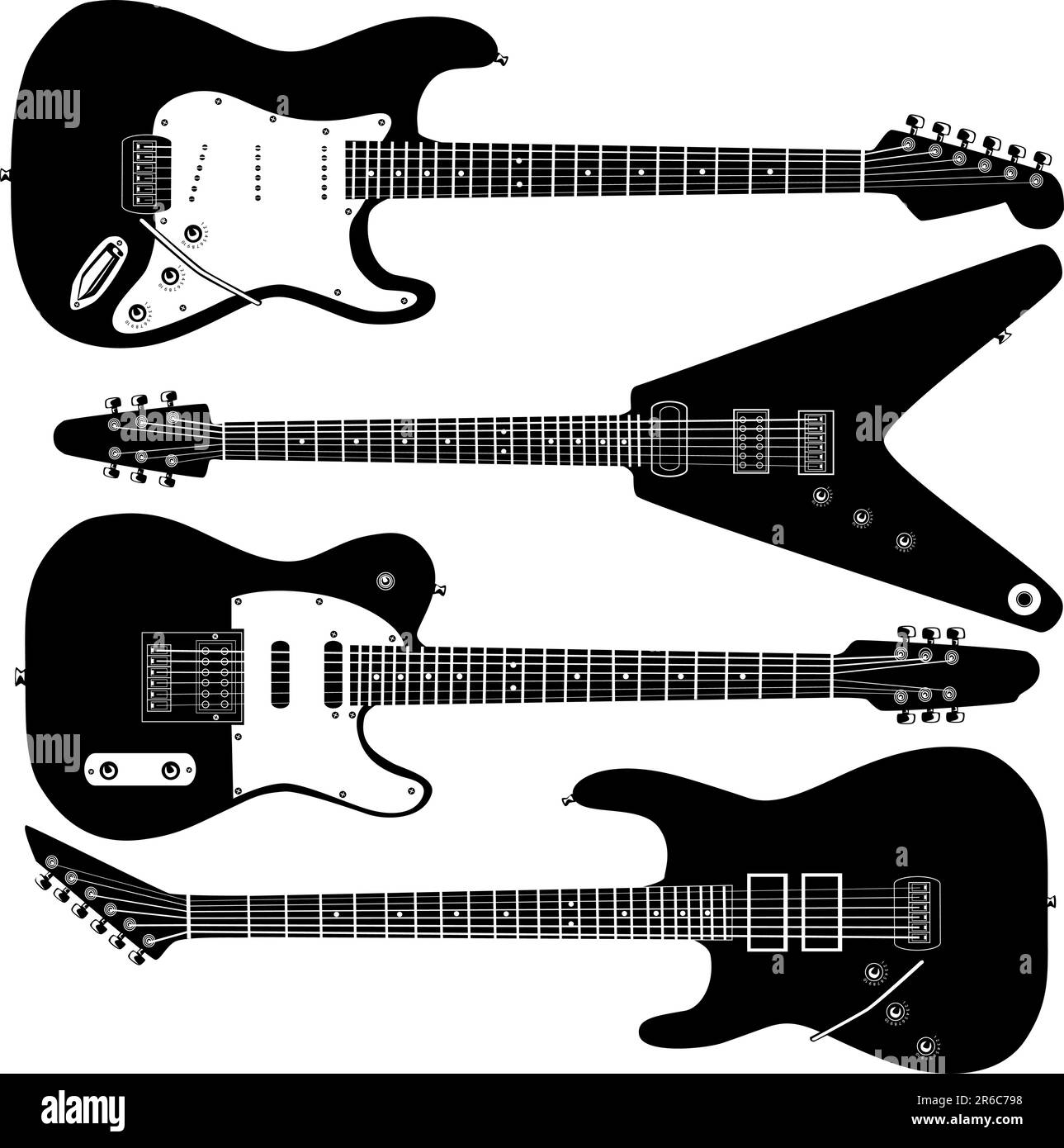 Electric guitars in detailed vector silhouette.  Set includes a variety of body styles for any type of music. Stock Vector