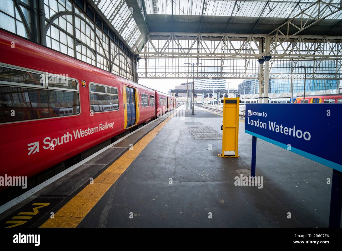London- March 20, 2023: London Waterloo train station platform and sign, major railway terminus Stock Photo