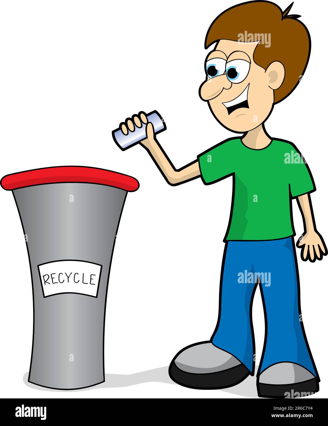 Illustration of a man throwing a can into a recycling bin Stock Vector