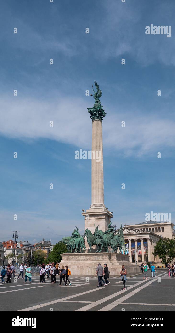 BUDAPEST/HUNGARY - 2023-05-19: Heroes' Square, Hosok Tere or Millennium Monument, major attraction of city, with 36 m high Corinthian column in center Stock Photo