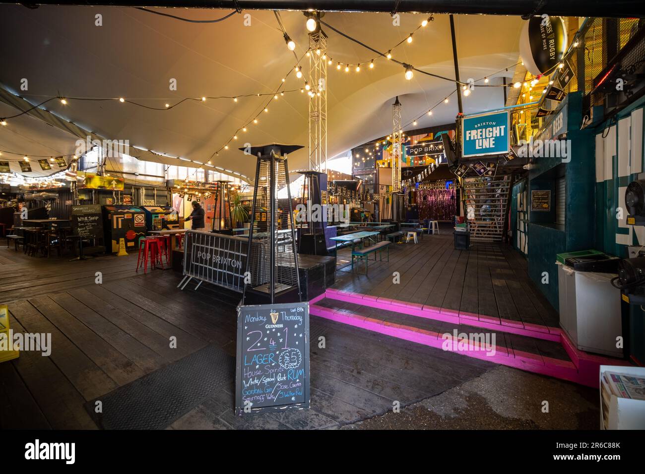 LONDON, MARCH 2023: Pop Brixton, retailers and street food outlets set in reused shipping containers in Brixton Stock Photo