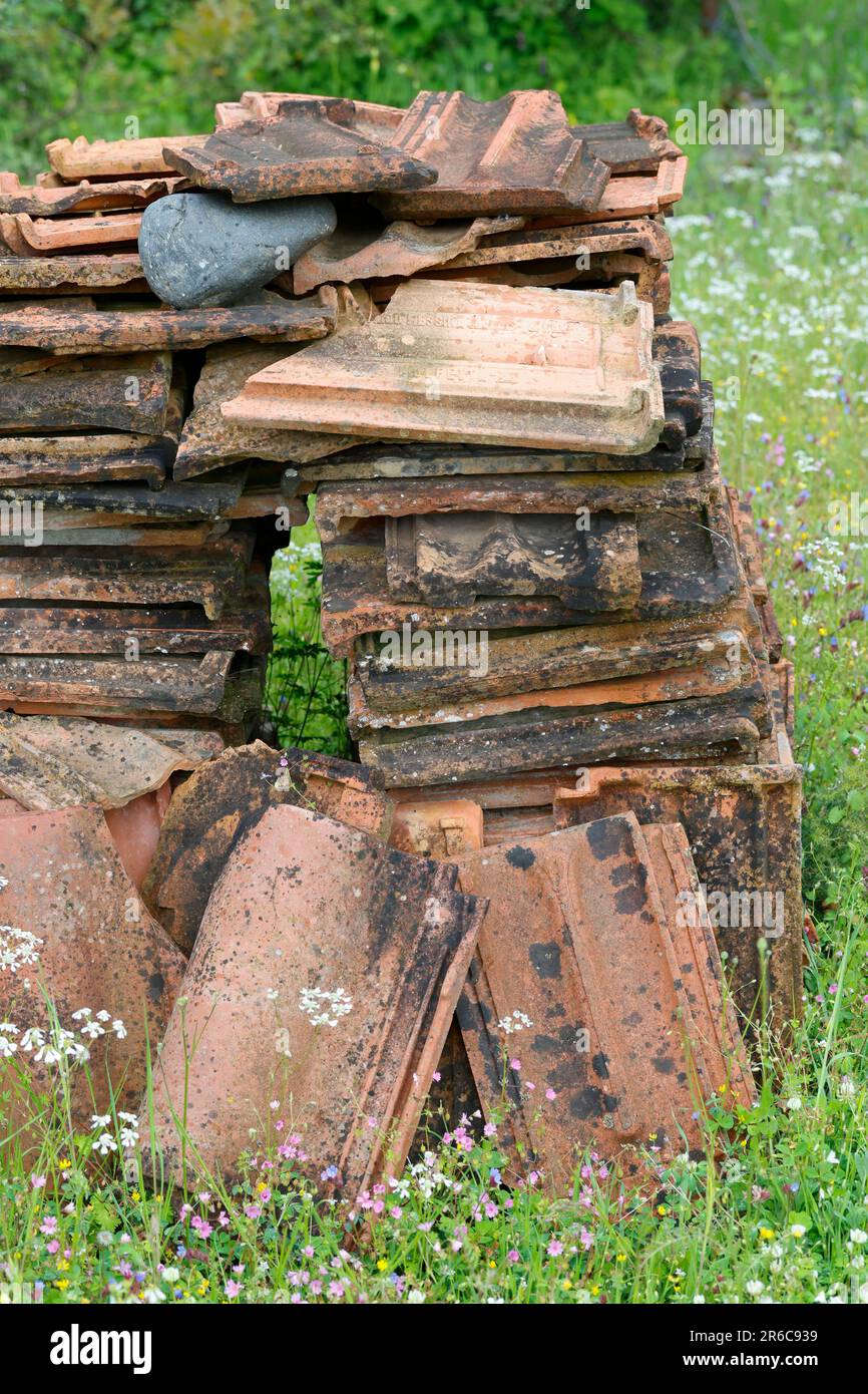 Auf Haufen gestapelte Dachziegel, Dachpfannen, Steinhaufen, Ziegel auf einem Haufen, als Unterschlupf, Lebensraum für Tiere im Garten, Tierfreundliche Stock Photo