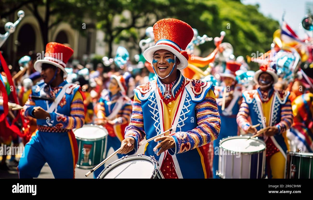 Parade of marching bands and colorful floats celebrating Independence