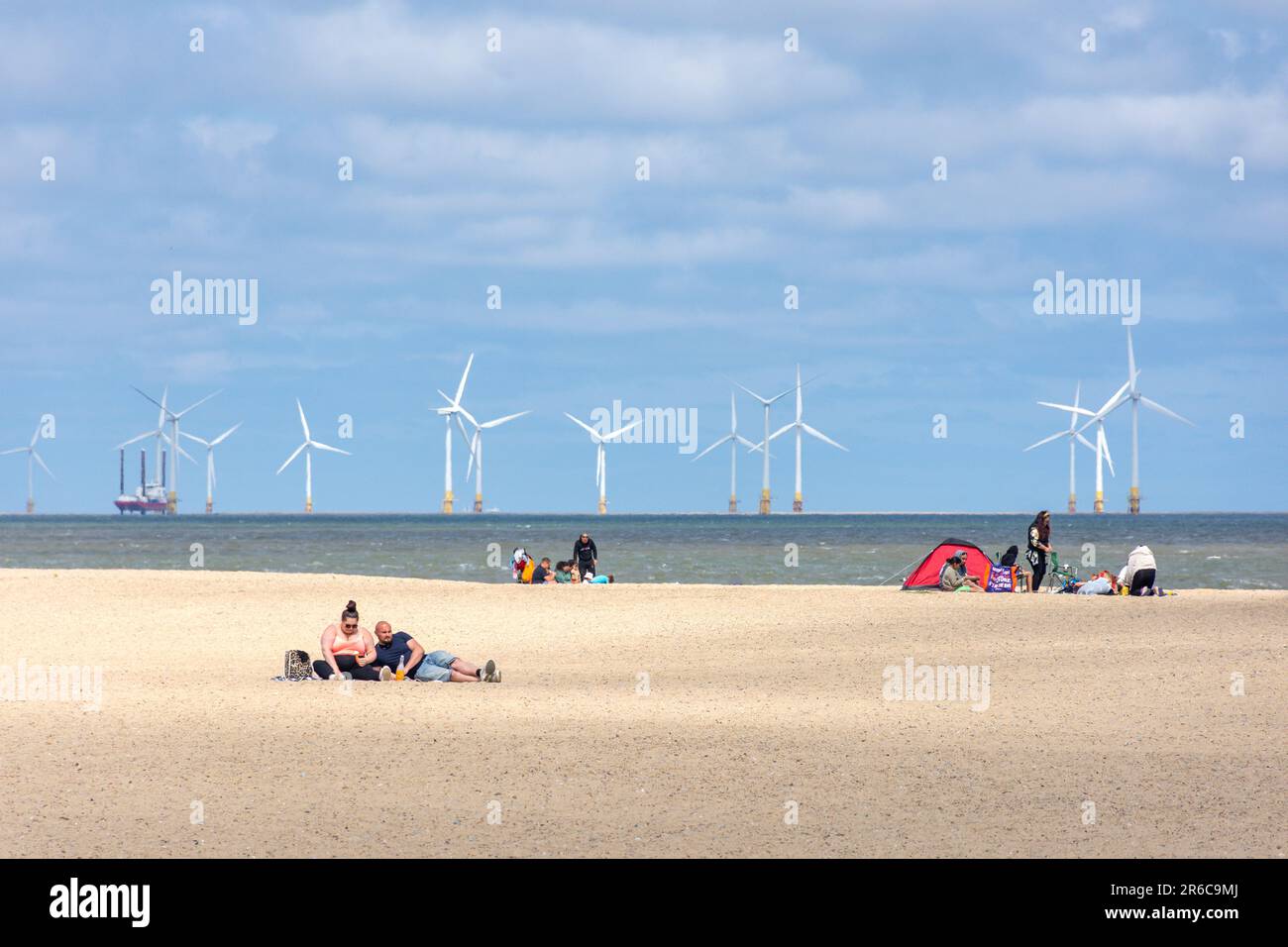 Great Yarmouth Beach showing offshore wind turbines,  Great Yarmouth, Norfolk, England, United Kingdom Stock Photo