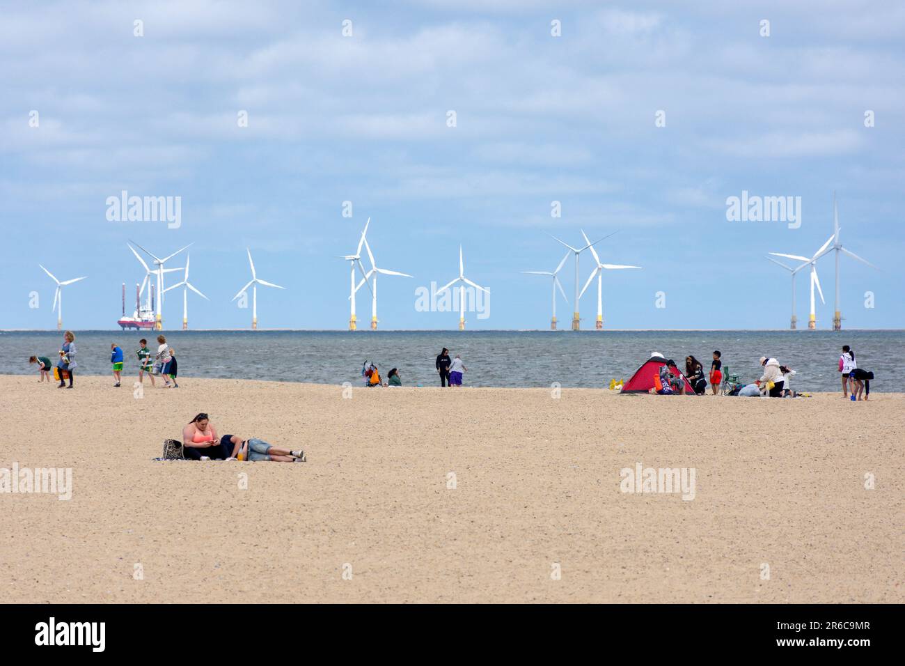 Great Yarmouth Beach showing offshore wind turbines, Great Yarmouth, Norfolk, England, United Kingdom Stock Photo
