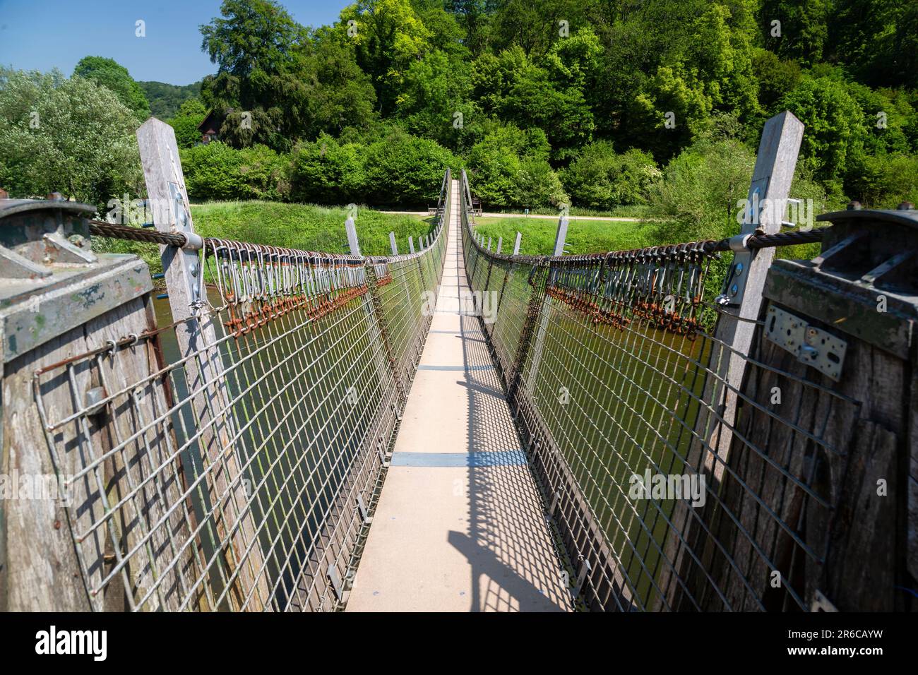 Biblin Bridge, Herefordshire, a wire suspension bridge over the River Wye, Herefordshire. Stock Photo