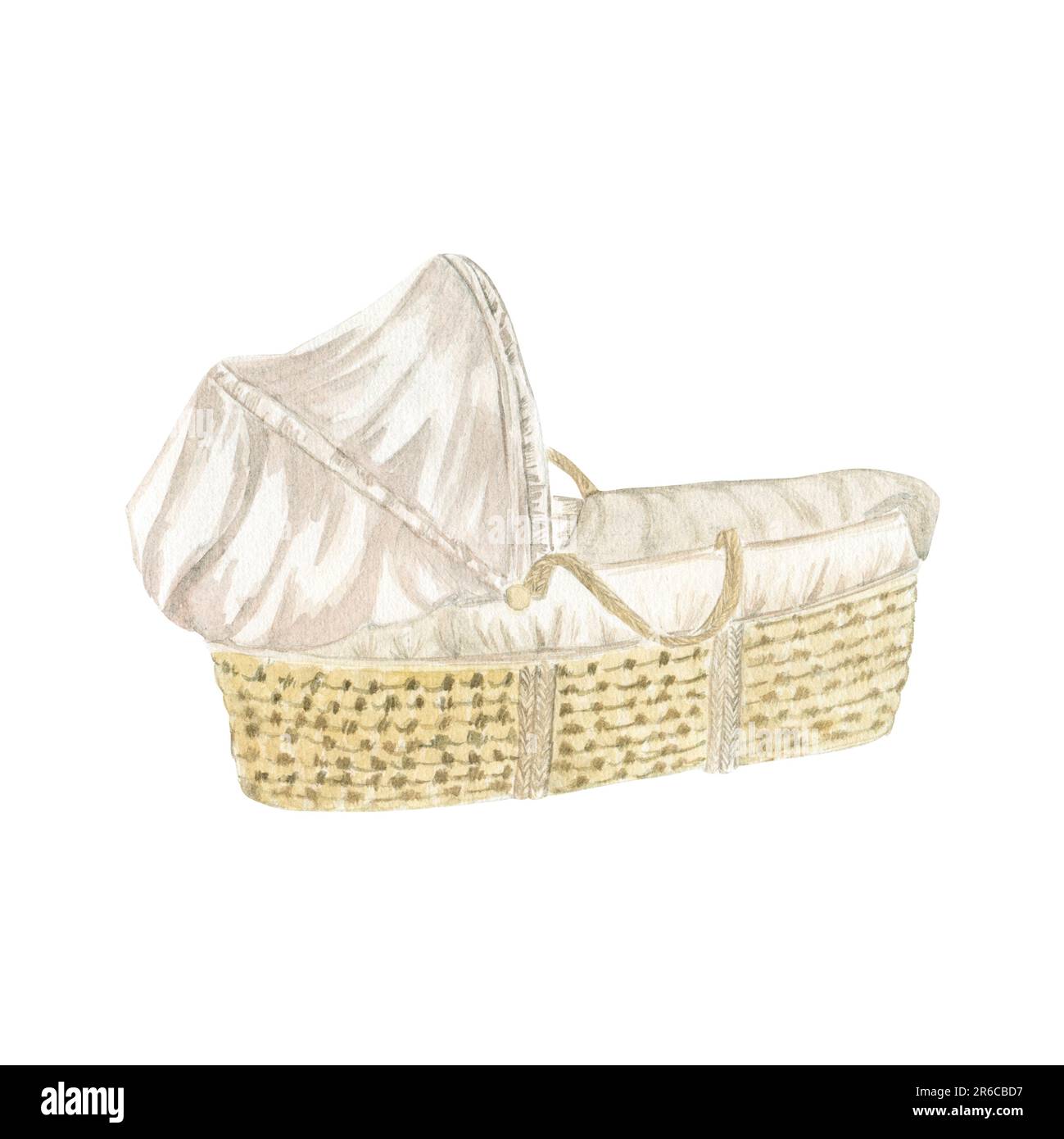 A wicker cradle with handles for a newborn with a beige bedspread. Watercolor illustration, hand-drawn and isolated on a white background. suitable Stock Photo