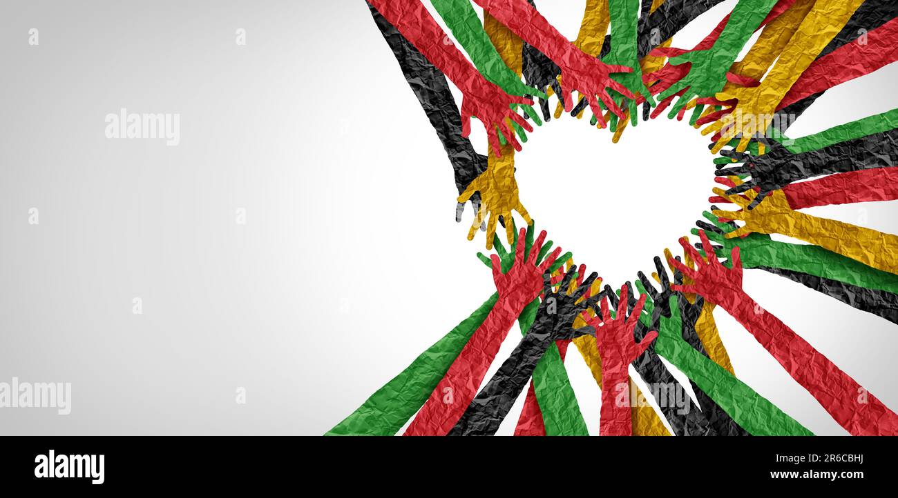 Freedom Day unity and Love and Juneteenth or June 19 as a holiday or June Teenth as hands in a heart shape commemorating the end of slavery as a Socia Stock Photo