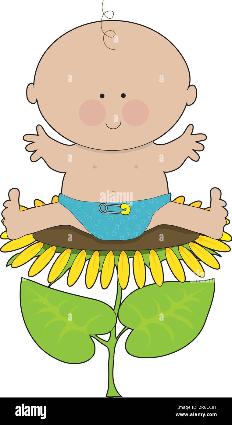 Baby boy in a diaper sitting on a sunflower Stock Vector