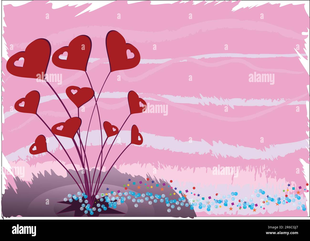 A bunch of hearts growing in a fantasy garden background.  vector image in layers all totally labelled and editable Stock Vector