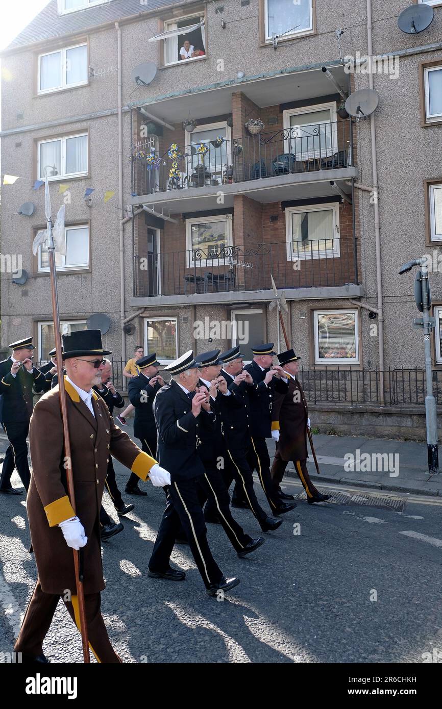 Hawick, UK. 08th June, 2023. Hawick Common Riding 2023, Halberdiers flank the Fifes and Drums as