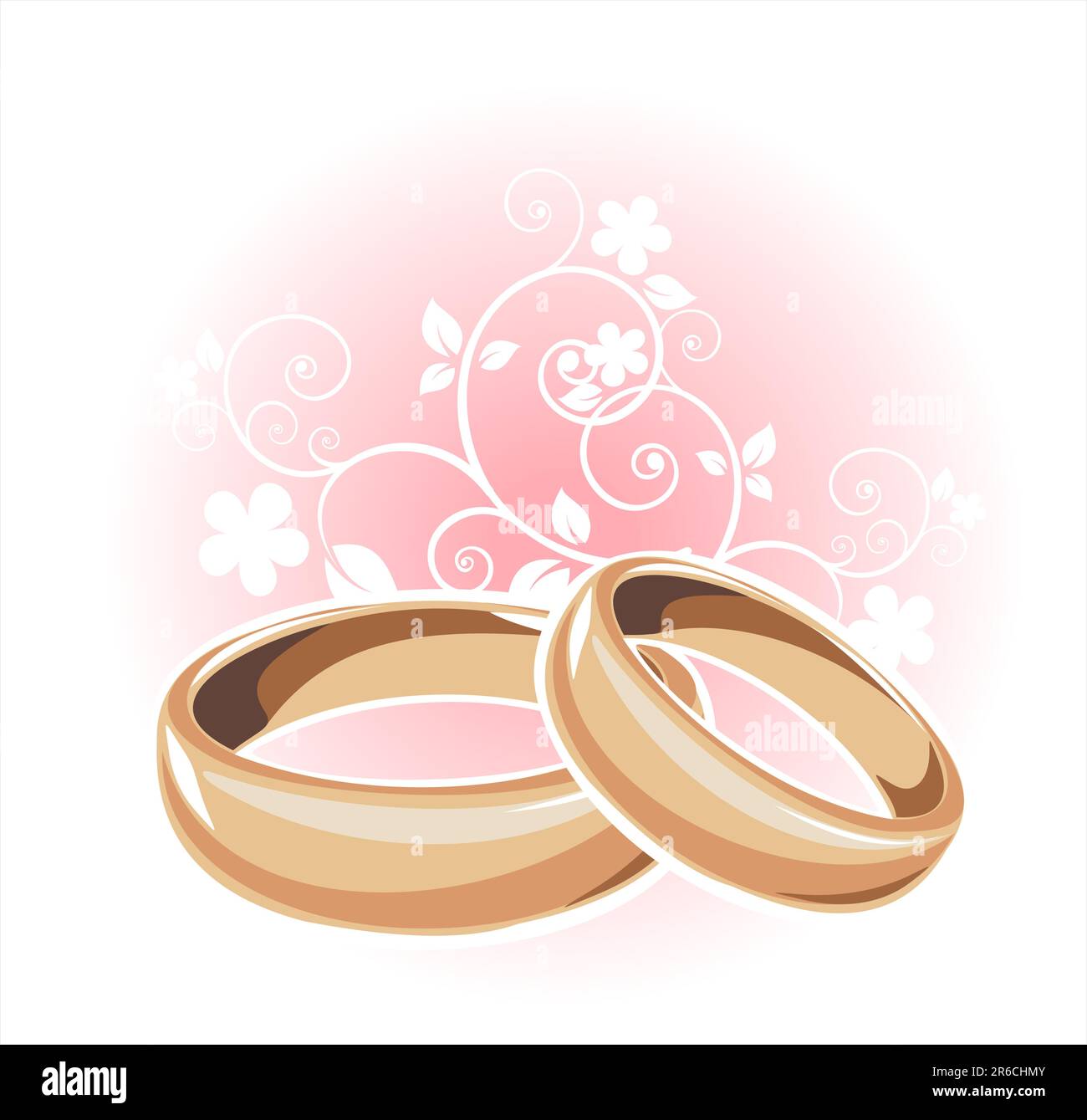 Gold wedding rings and floral pattern on a white background. Stock Vector