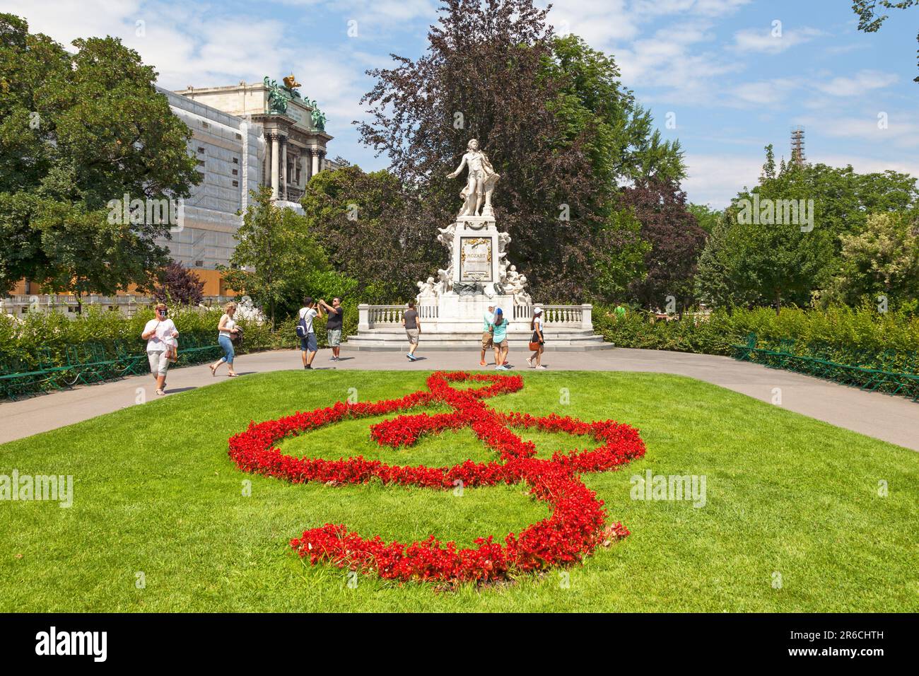 Vienna, Austria - June 17 2018: The Mozart Monument (German: Mozart-Denkmal) is a monument located in the Burggarten. It is dedicated to componist Wol Stock Photo
