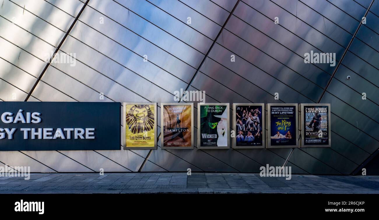 Forthcoming attractions in Bord Gais Energy Theatre, Dublin, Ireland include, Hamilton, Wicked, Mam, The King and I and Wicked. Stock Photo