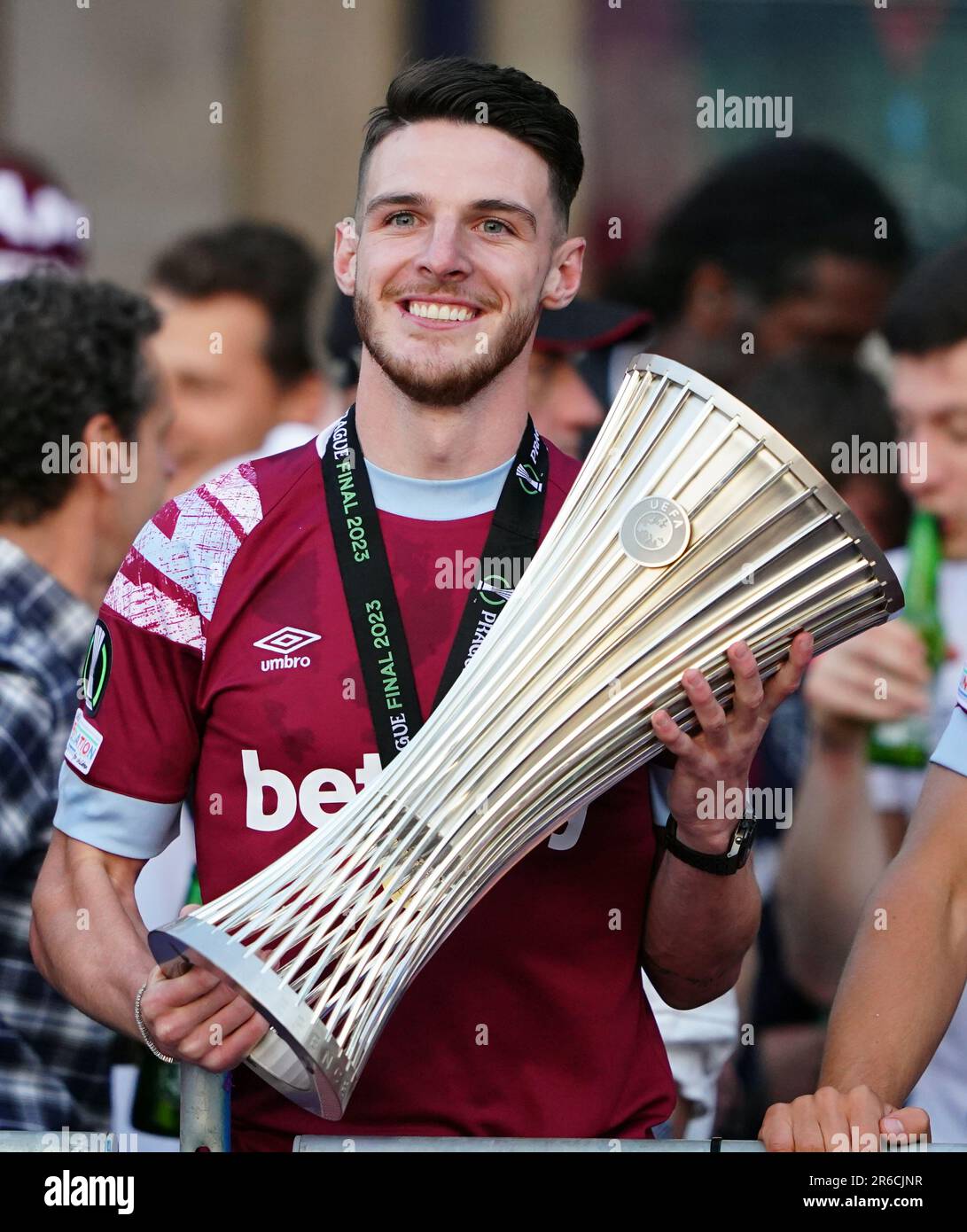 West Ham United's Declan Rice celebrates with the trophy at the Old ...