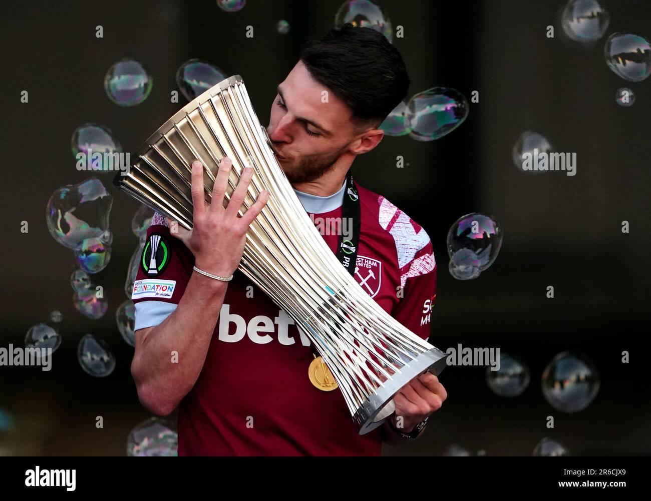 West Ham United's Declan Rice celebrates with the trophy at the Old ...