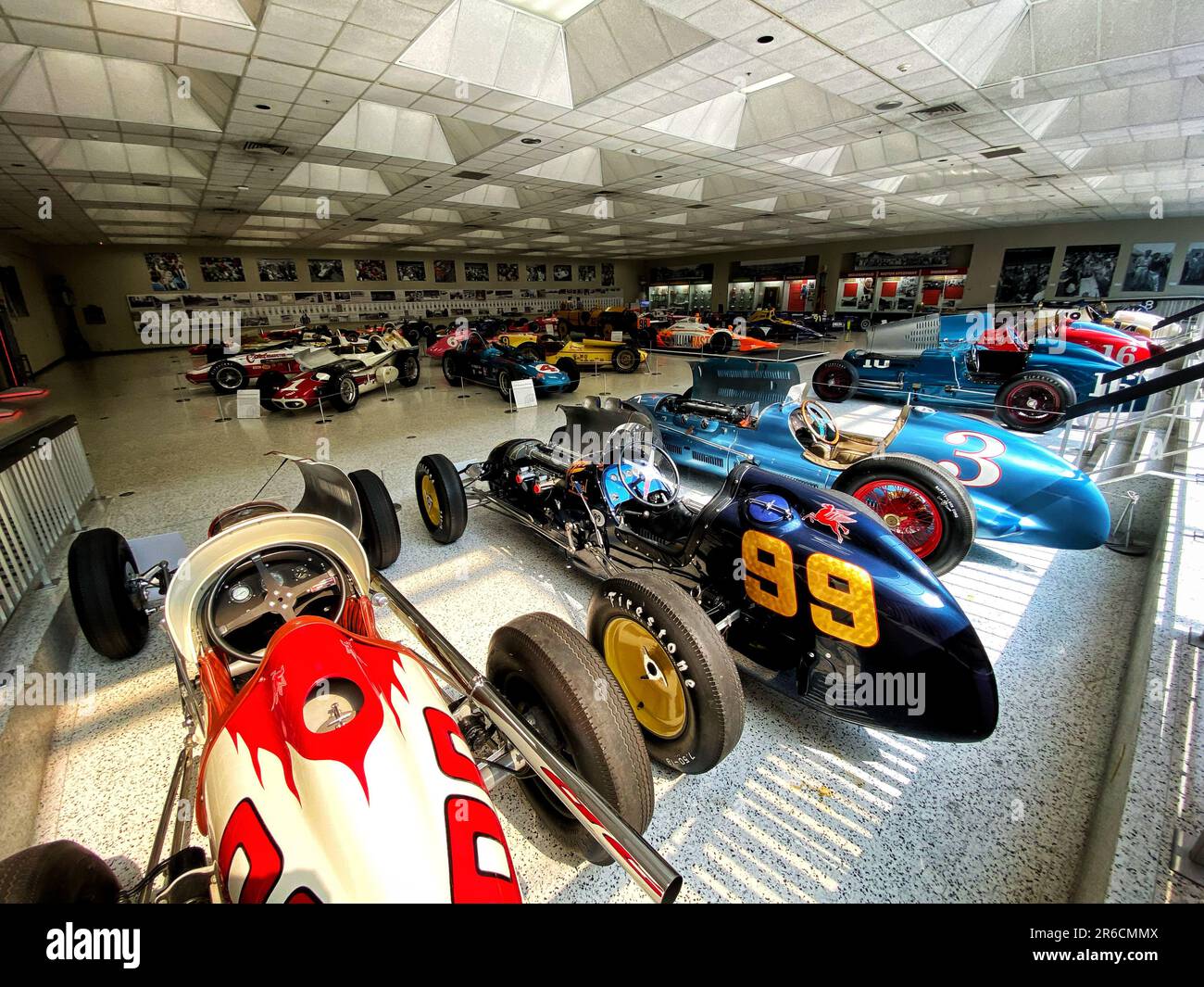 The Indianapolis Motor Speedway Museum. Dozens of vintage and historical race cars on display in the museum in Indianapolis, Indiana, USA. Stock Photo