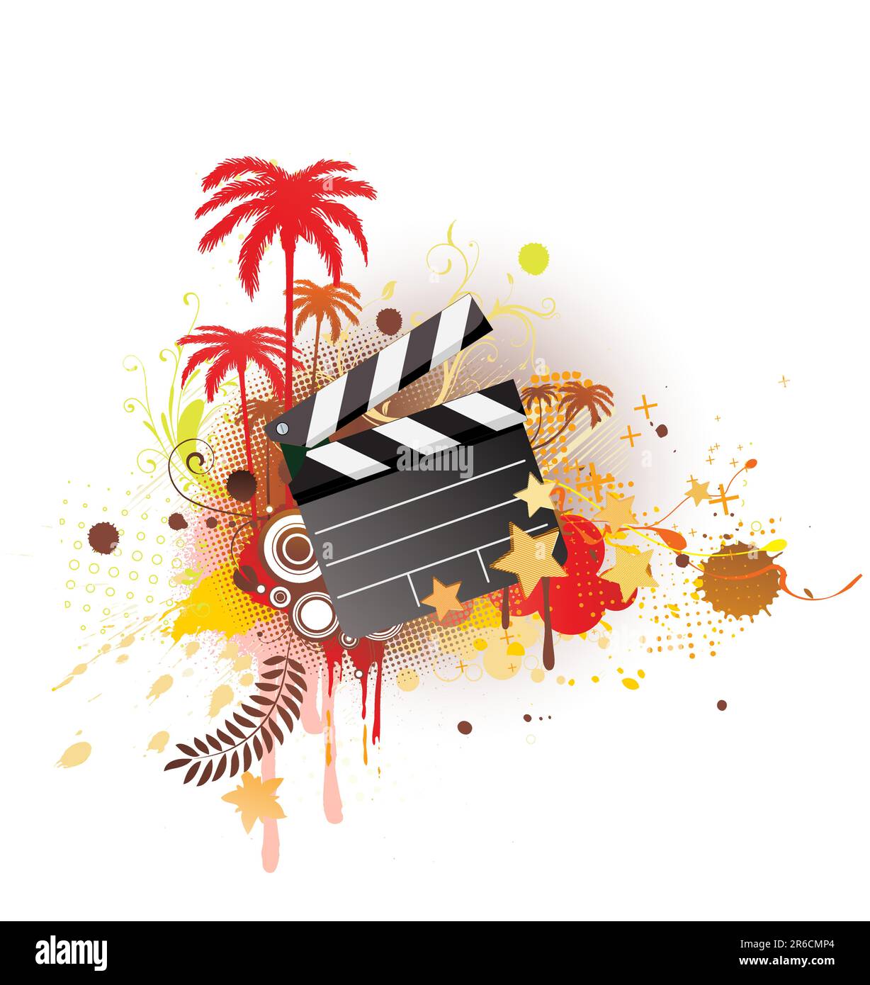 A vector illustration of decorative background with palm trees, grunge circles and movie clapper board Stock Vector