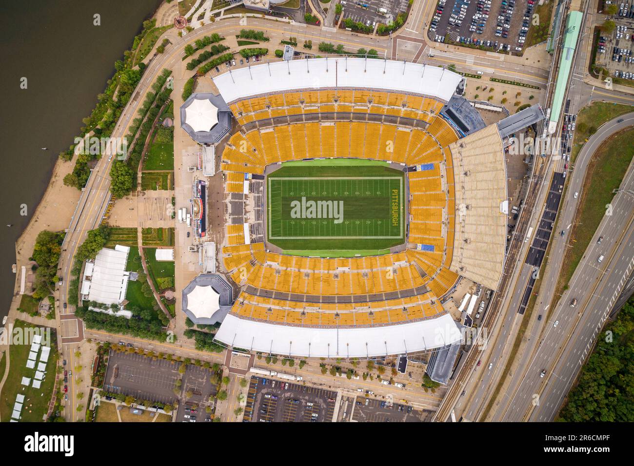 Aerial View of Heinz Field (Acrisure Stadium), PNC Park, and Downtown  Pittsburgh in Snow