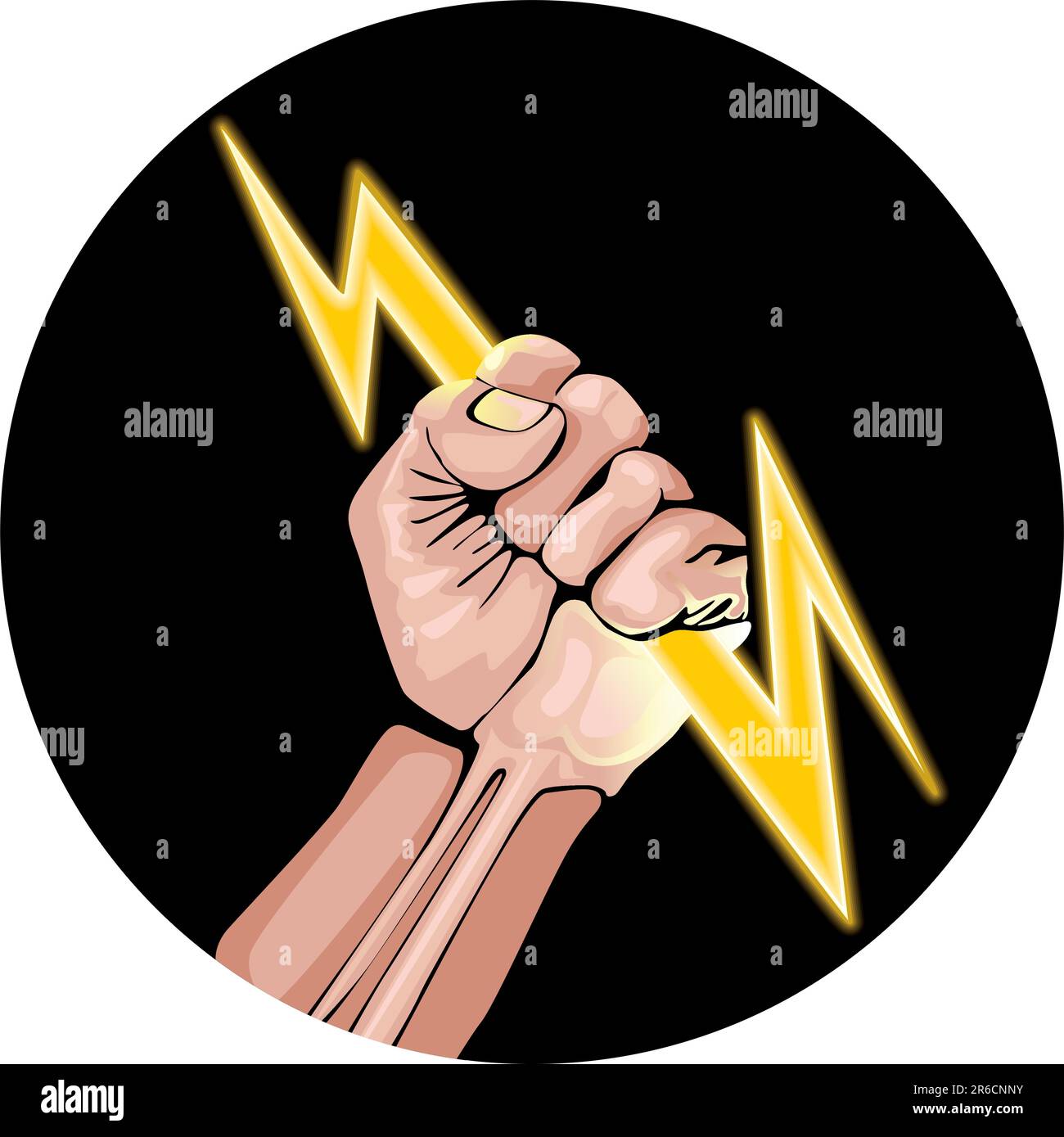 Lightning in the hand in the black circle. Power fist Stock Vector