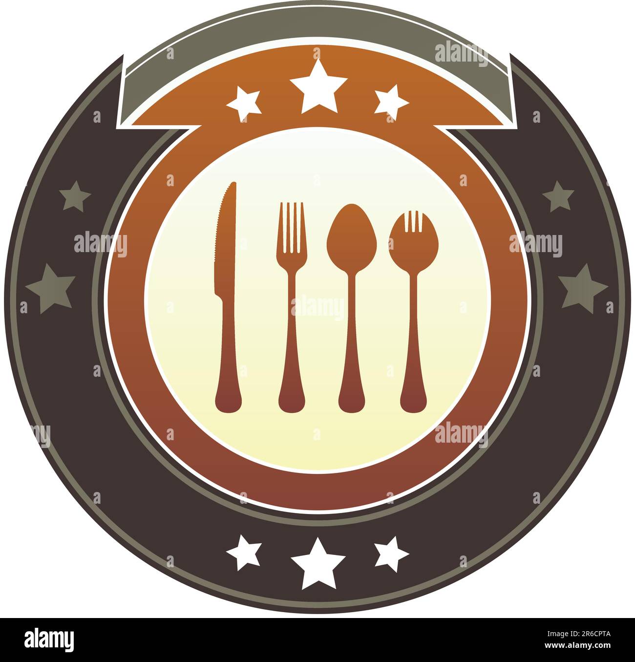 Eating utensils or dining icon on round red and brown imperial vector button with star accents suitable for use on website, in print and promotiona... Stock Vector