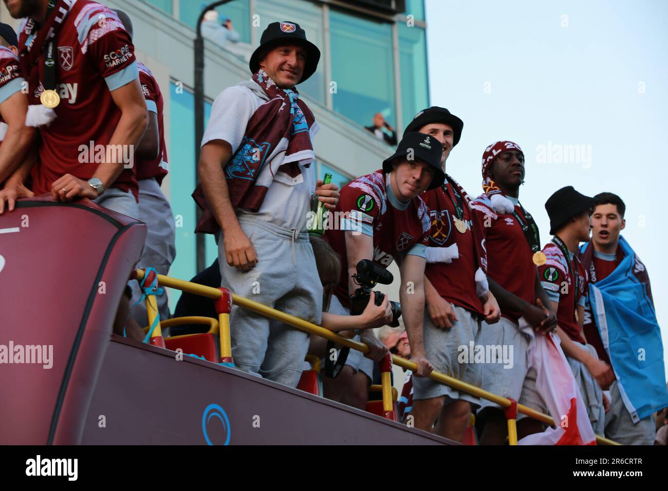 London, UK. 08 June 2023. West Ham United trophy parade after winning the Europa Conference League. West Ham players and fans celebrate their Europa Conference League victory with an open-top bus parade in East London on Thursday evening. Credit: Waldemar Sikora/Alamy Live News Stock Photo