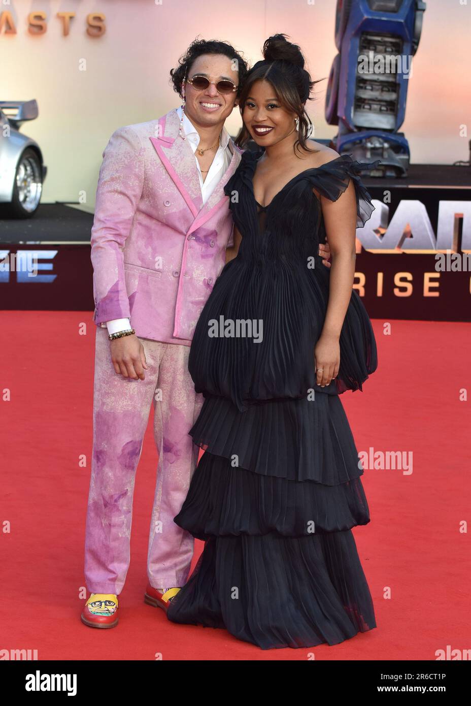 Anthony Ramos and Dominique Fishback attend 'Transformers: Rise of the Beasts' European Premiere at Cineworld Leicester Square in London. Stock Photo