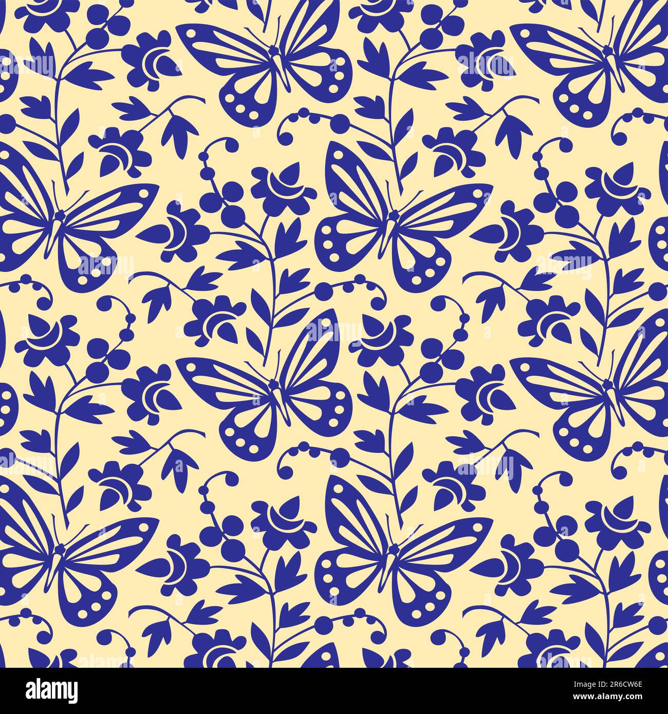 Vector illustration in blue, butterflies and flowers seamless pattern ...