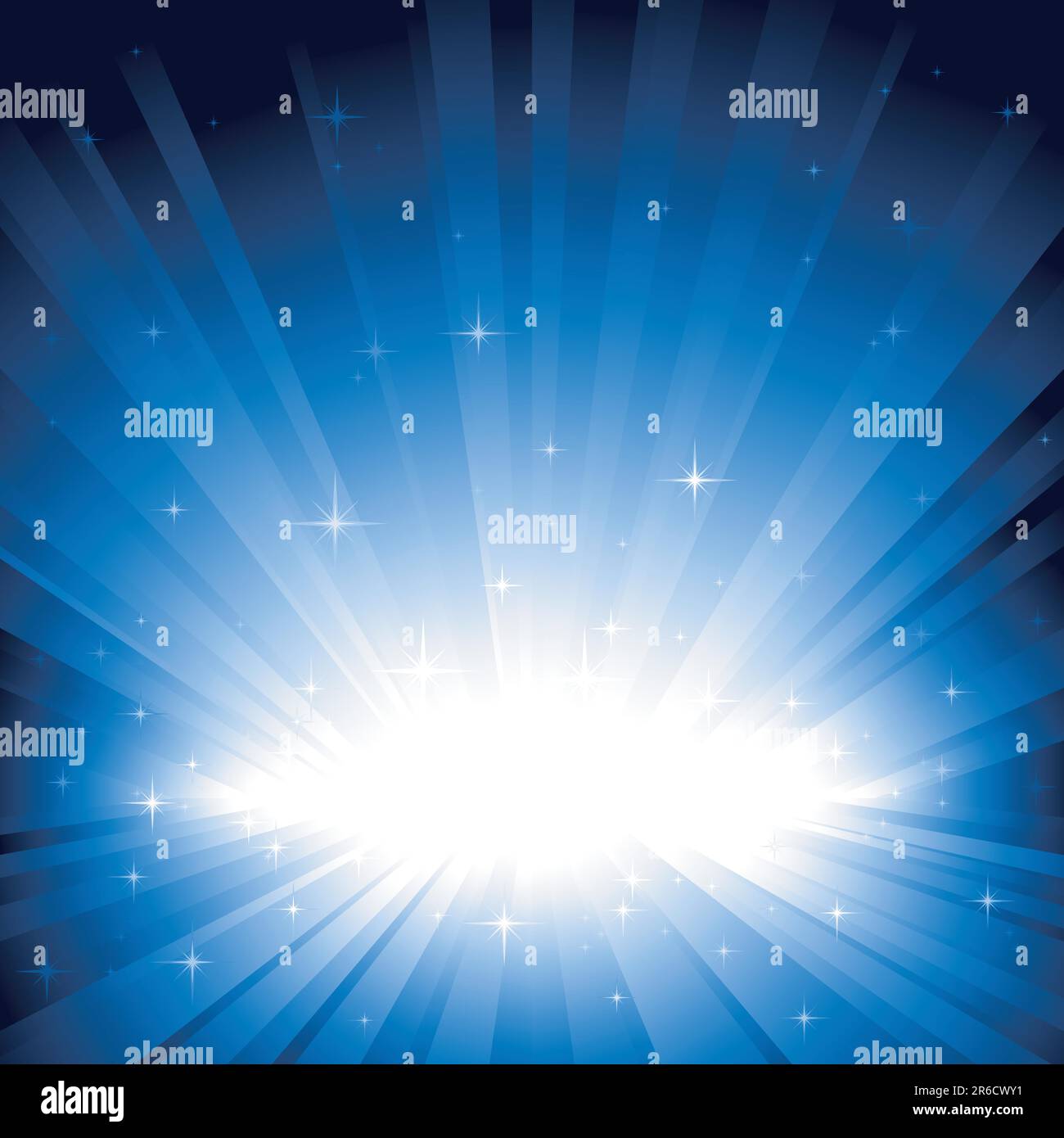 Festive blue light burst and stars with centre in lower third of the square image. 9 global colors, background controlled by 1 linear gradient. Stock Vector