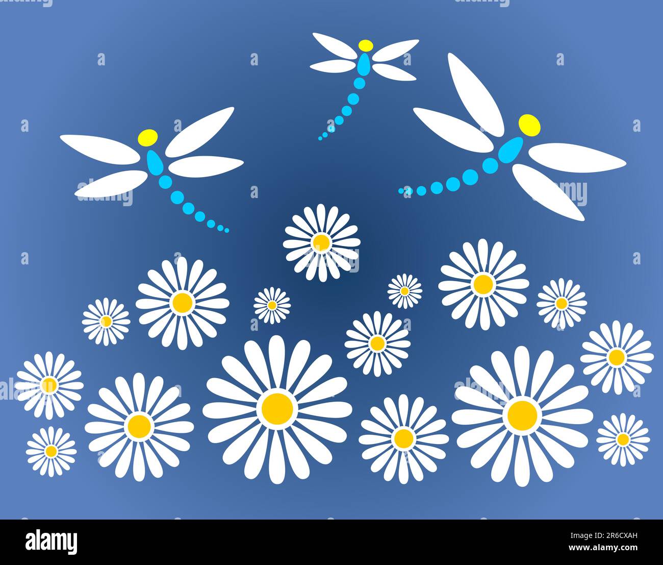 Ornate chamomiles and dragonflies on a dark blue background Stock ...