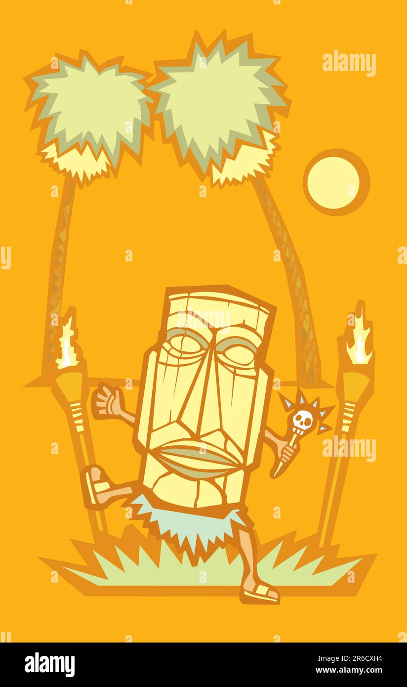Retro styled Witchdoctor with Tiki mask and skull wand. Stock Vector