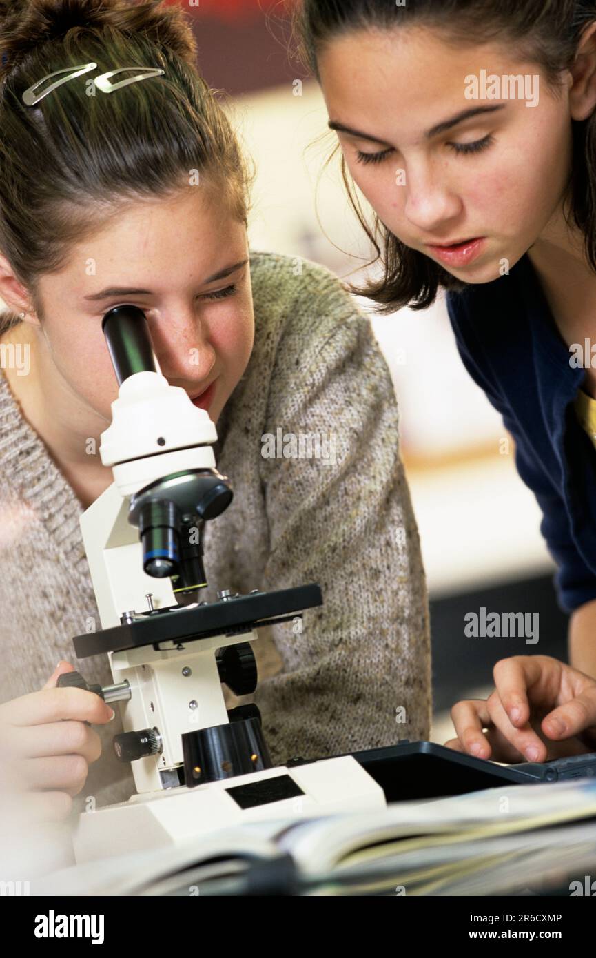 Female students cooperating on a biology assignment, using a microscope in classYes Stock Photo