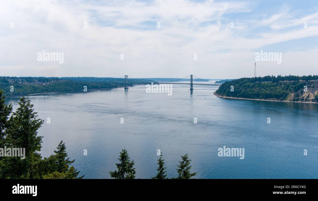 Aerial view of the Tacoma Narrows from above Point Defiance Stock Photo