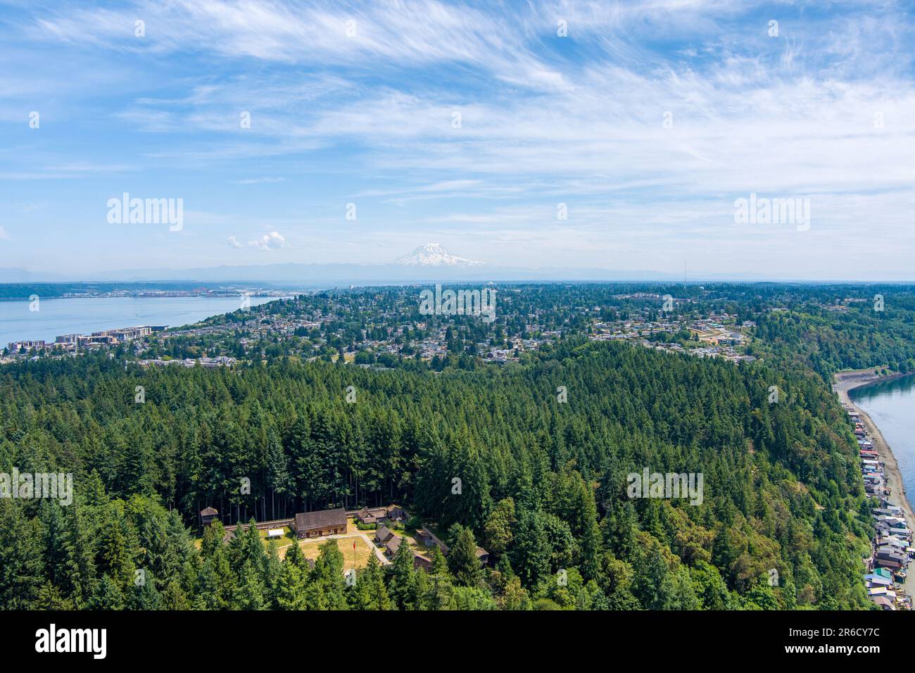 Aerial view of Point Defiance and Mount Rainier from above Tacoma ...