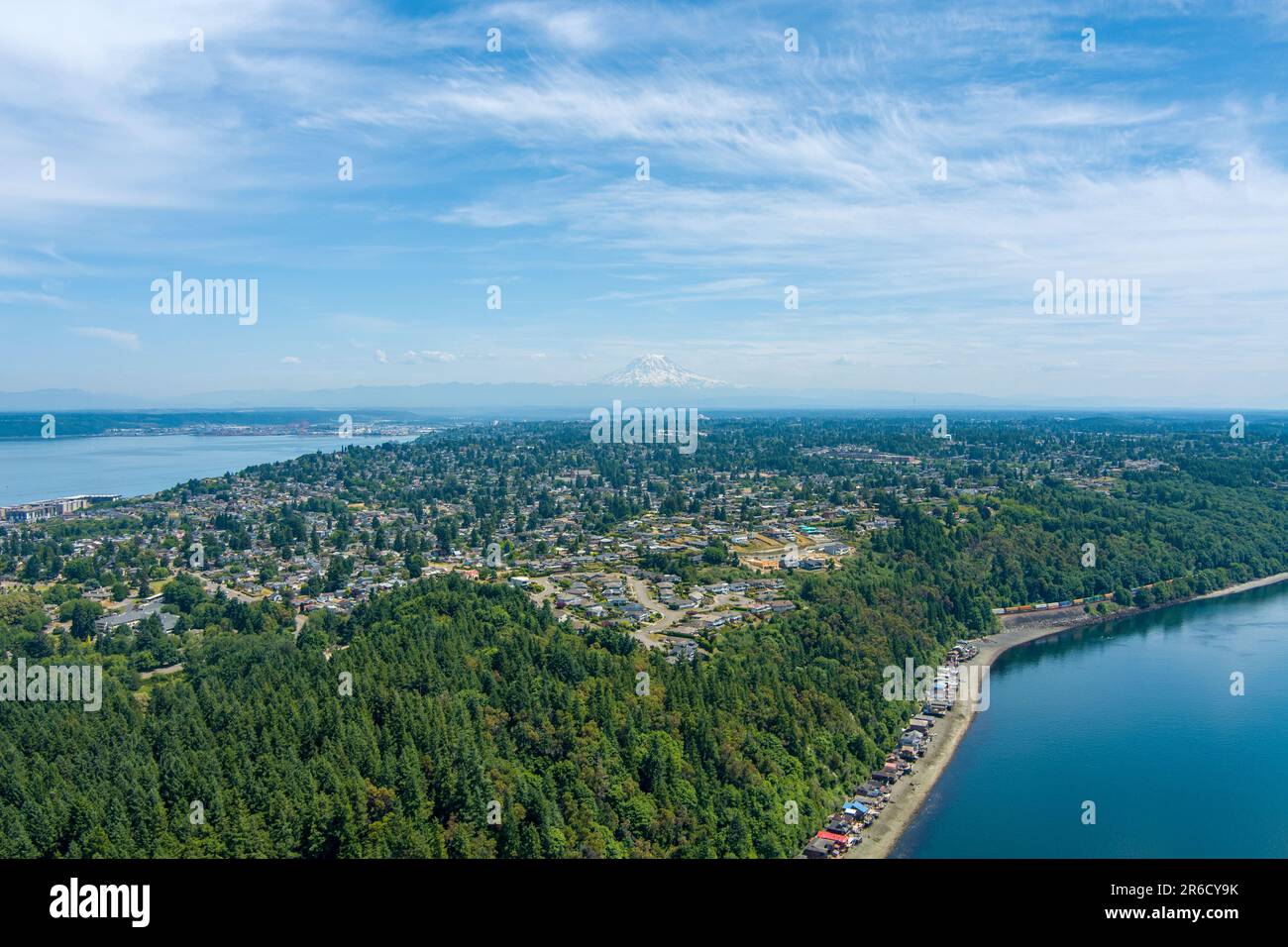 Aerial view of Point Defiance and Mount Rainier from above Tacoma ...