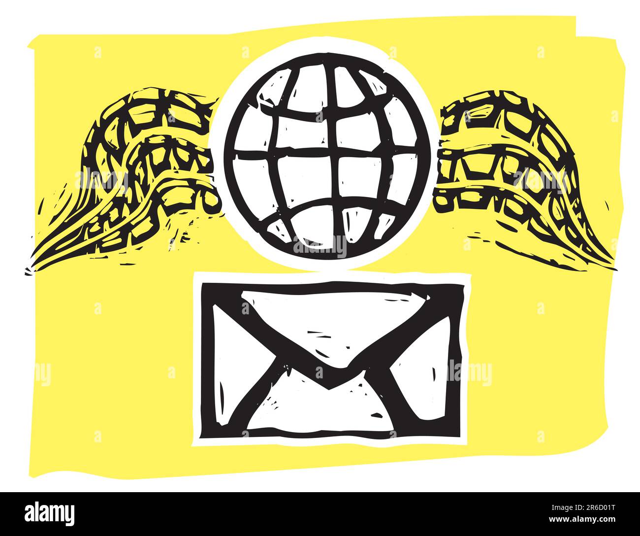 Rough woodcut style envelope and winged globe airmail style. Stock Vector