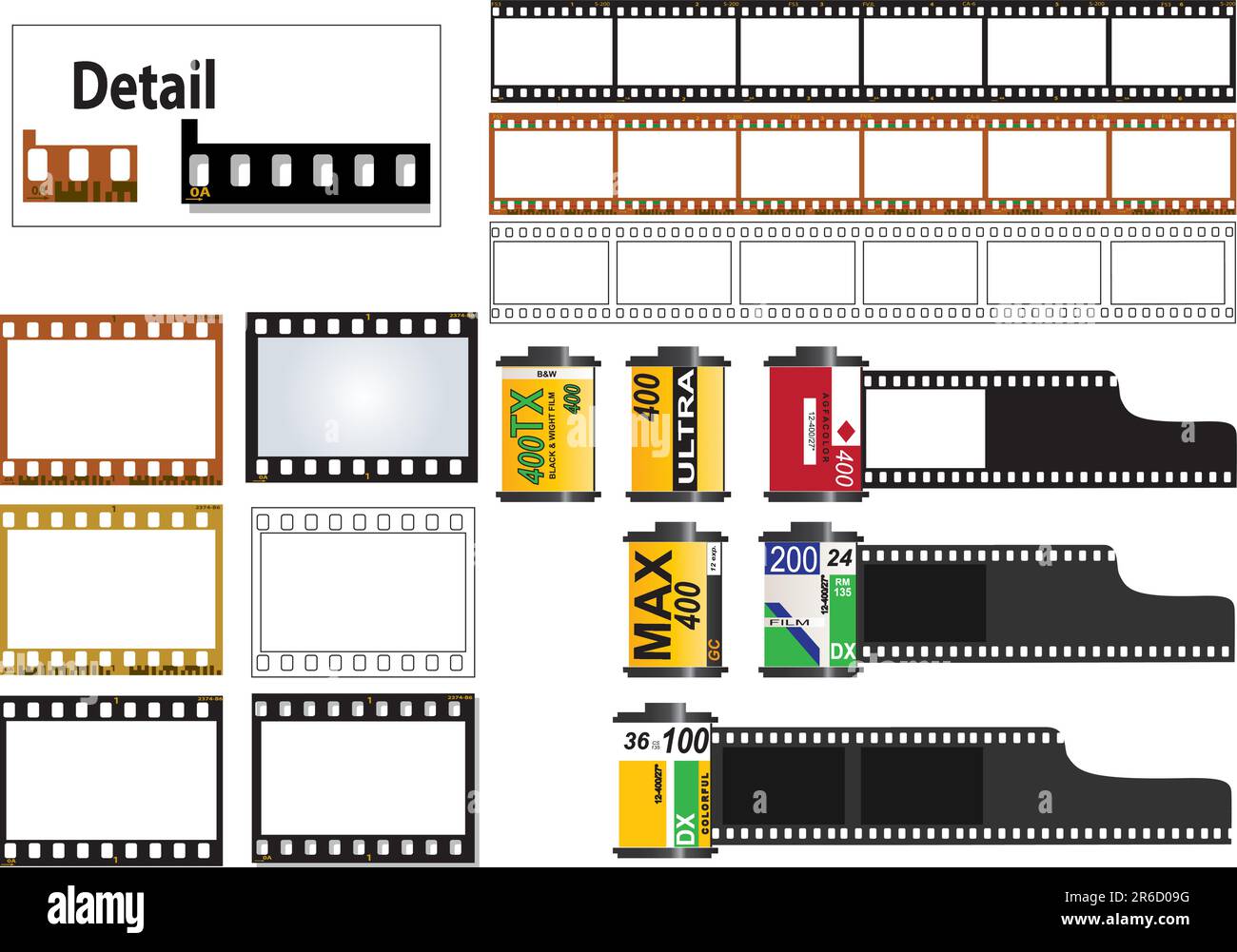 6 frame of 35mm film strip in color and b&w film types. Also individual