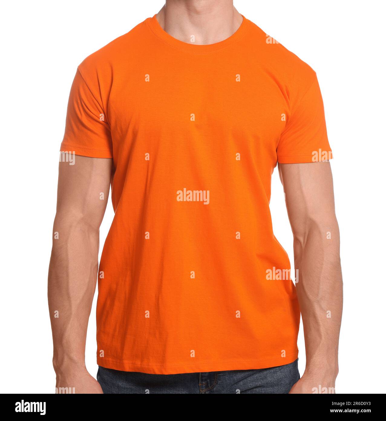 Man wearing orange tshirt on white background, closeup. Mockup for