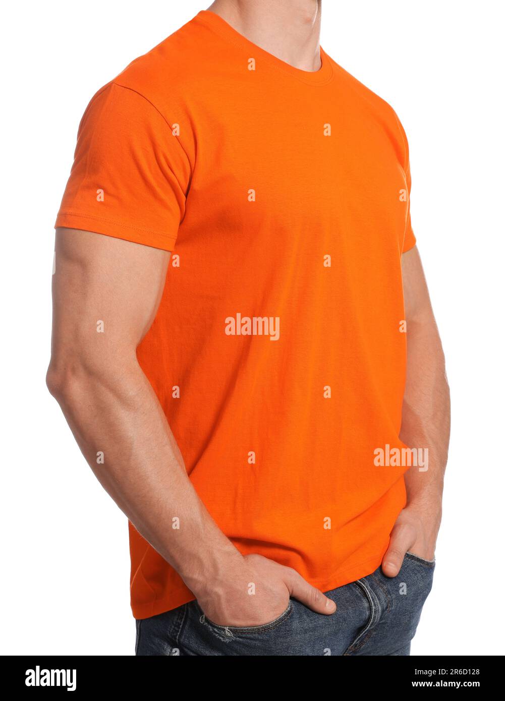Man wearing orange tshirt on white background, closeup. Mockup for
