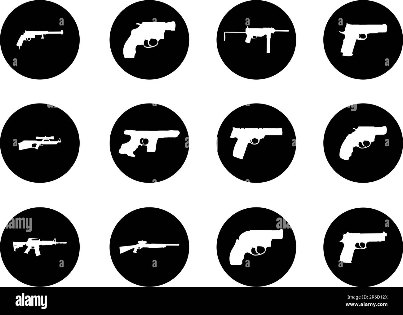 Guns. Set of 12 round vector buttons for web Stock Vector