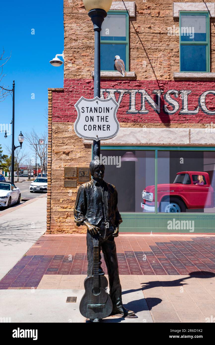 Statue of Glenn Frey, of the rock music group The Eagles, commerating their song Take it Easy; Winslow, Arizona, USA. Stock Photo