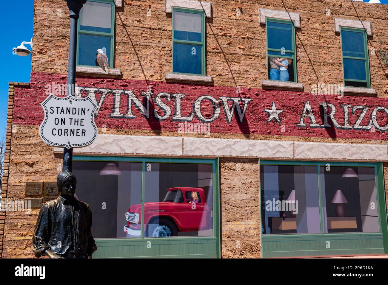 Statue of Glenn Frey, of the rock music group The Eagles, commerating their song Take it Easy; Winslow, Arizona, USA. Stock Photo