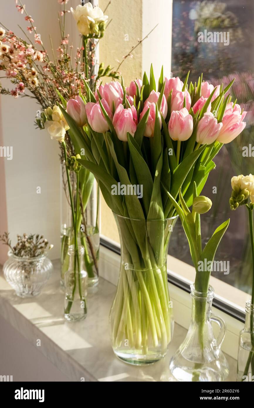 Many different spring flowers and branches with leaves on windowsill indoors Stock Photo