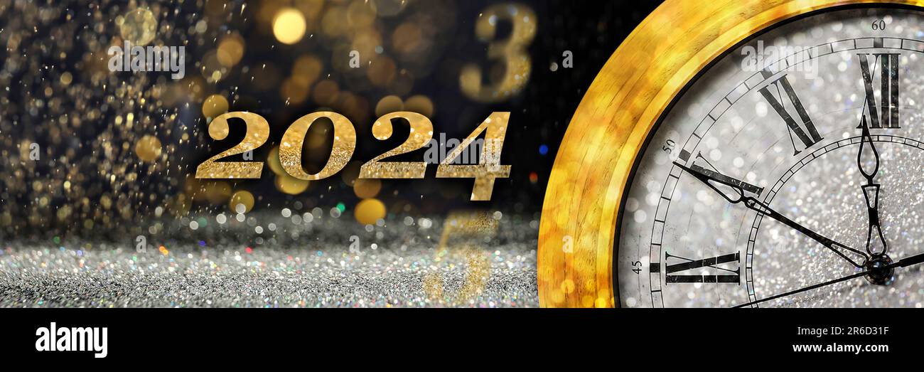 Counting last moments to New 2024 Year. Greeting card with clock