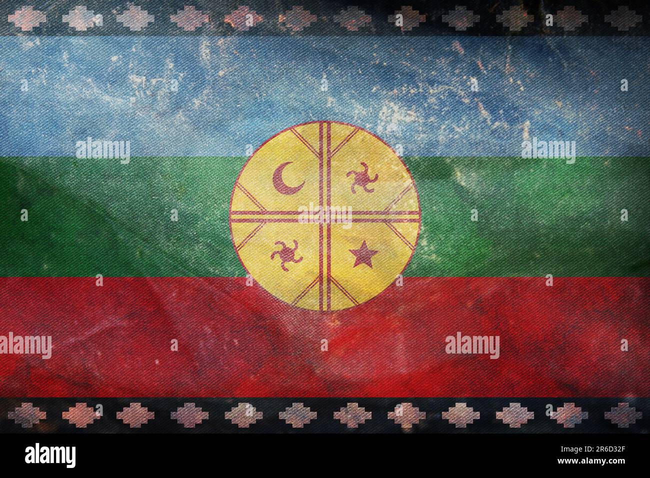 retro flag of Native peoples of South America Mapuche with grunge texture. flag representing ethnic group or culture, regional authorities. no flagpol Stock Photo